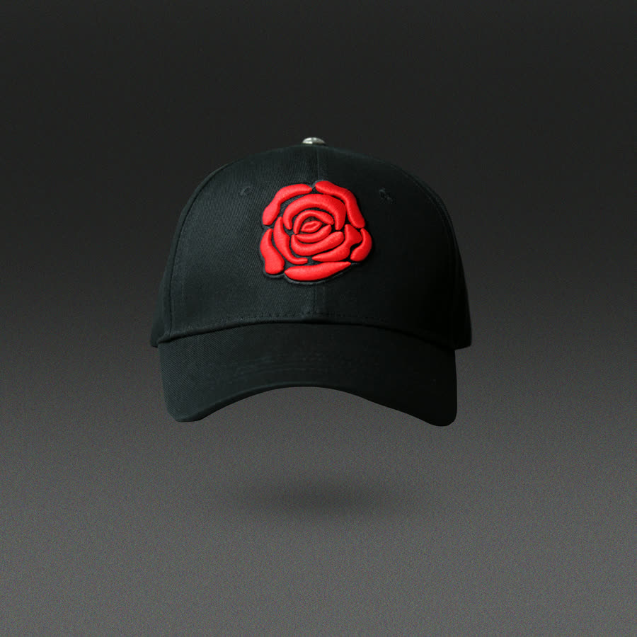Casquette noire Dollars and Dreams avec une rose brodée en relief rouge