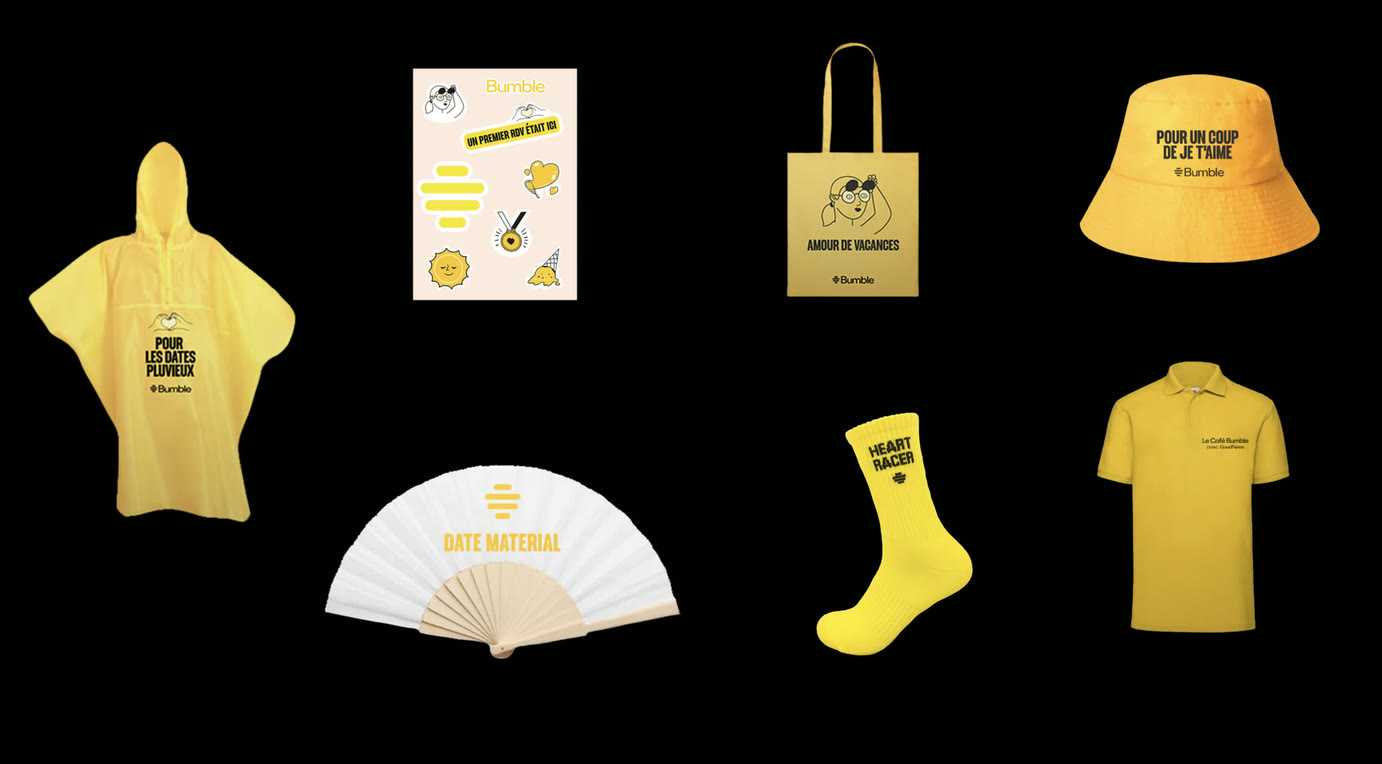 Goodies Bumble x Goodnews : poncho, tote bag, bob, chaussettes, polo et éventail personnalisés
