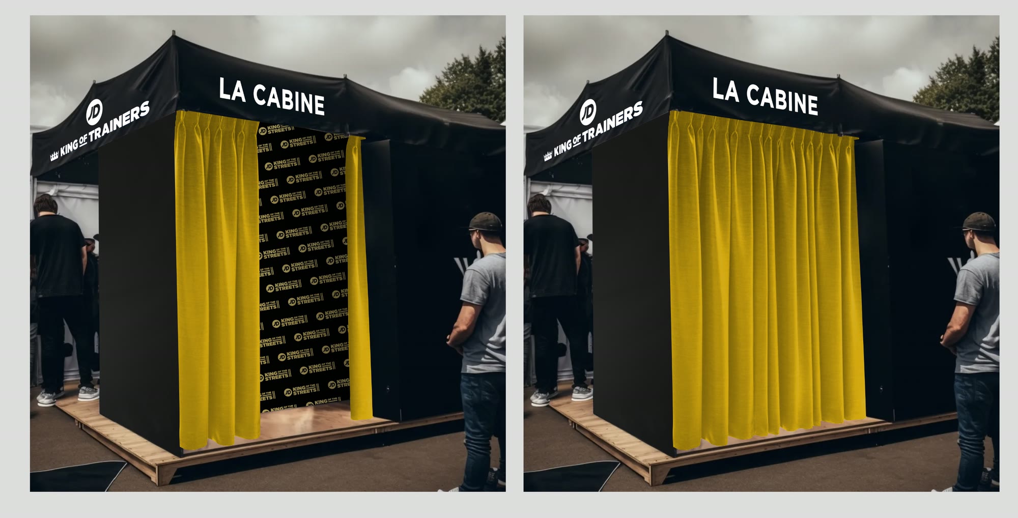 La Cabine : structure de marque JD Sports habillée de noir et de jaune, installée sur une opération terrain