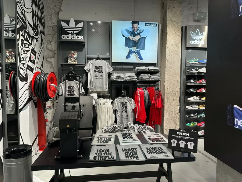Corner de personnalisation textile en boutique, presse à chaud et t-shirts marqués en direct