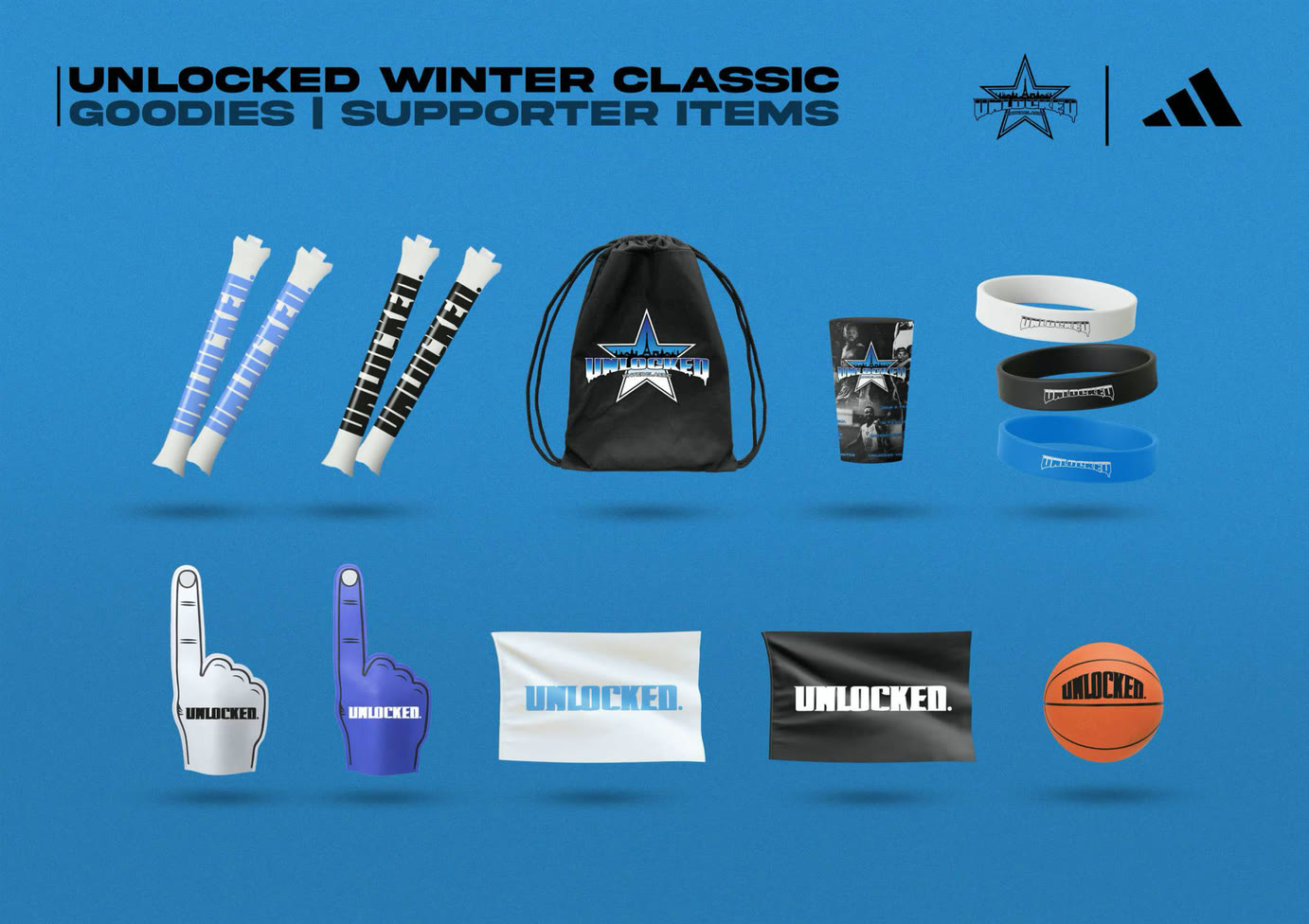 Goodies et supporter items Unlocked : clappers, sac, bracelets, mains en mousse, serviettes et ballon